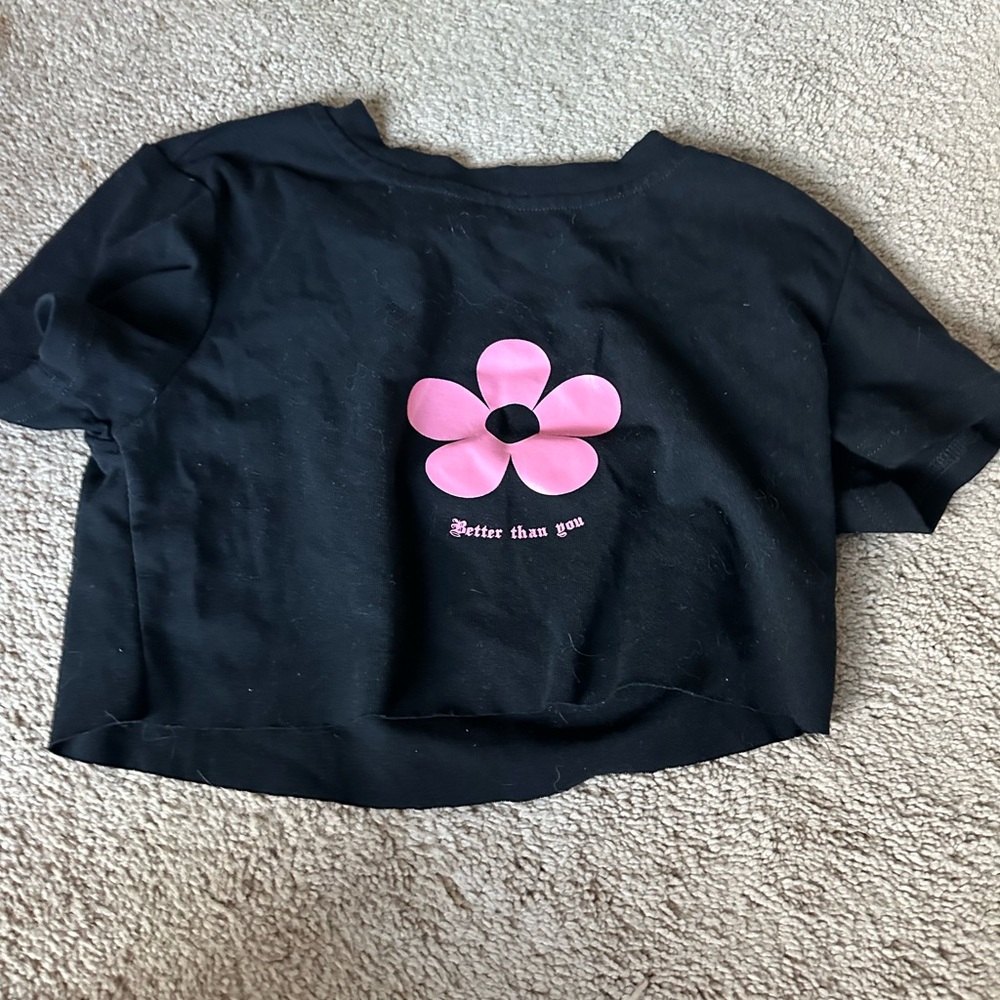black cropped t shirt with pink flower “better than you” writing